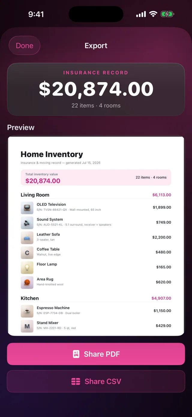 HomeVault: Inventory — Exporte um PDF ou CSV pronto para o seguro com um toque