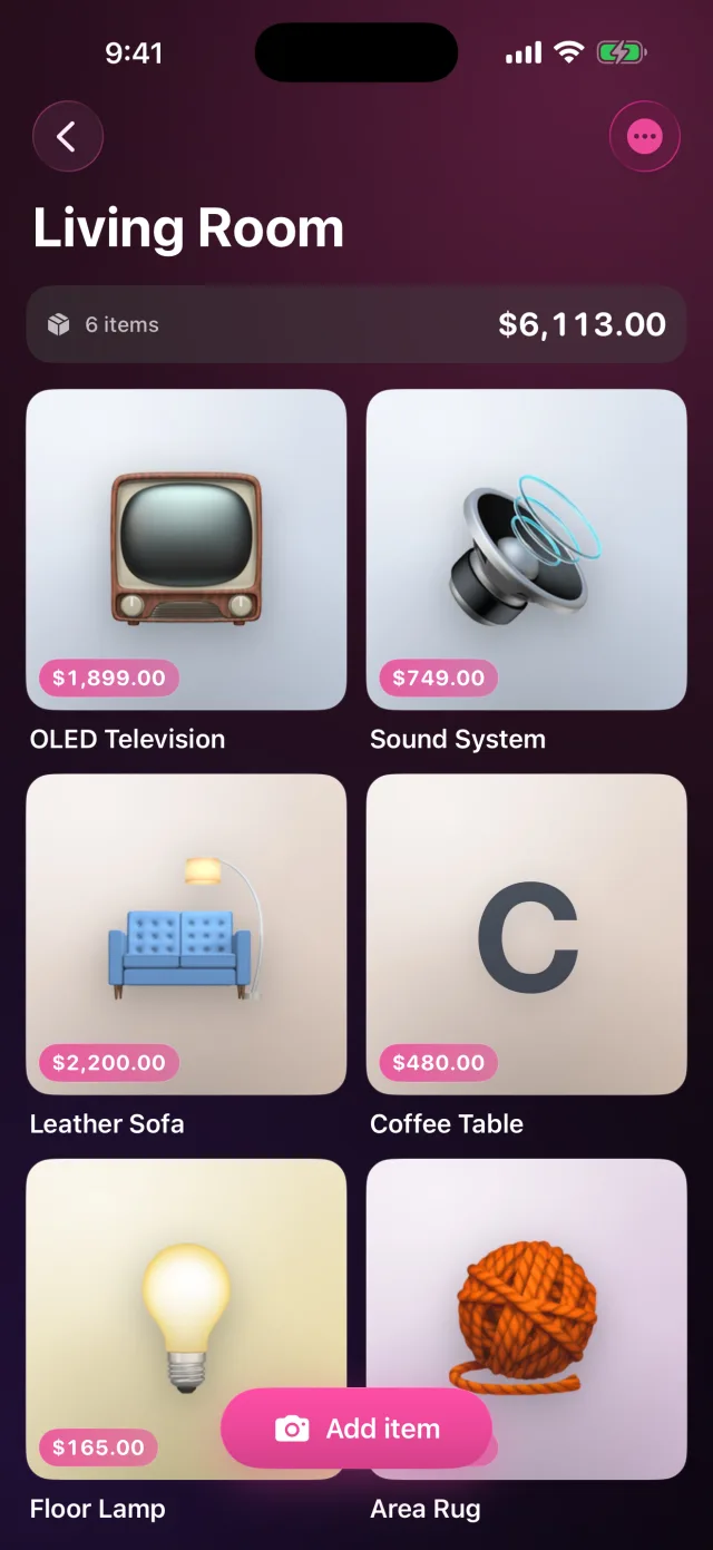 HomeVault: Inventory — Os itens de um cômodo com blocos de foto e etiquetas de valor