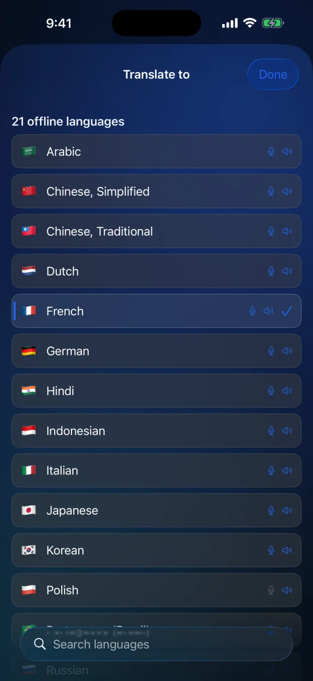 Lingvo: Offline Translator — Scegli una coppia di lingue qualsiasi dal selettore luminoso sul dispositivo.