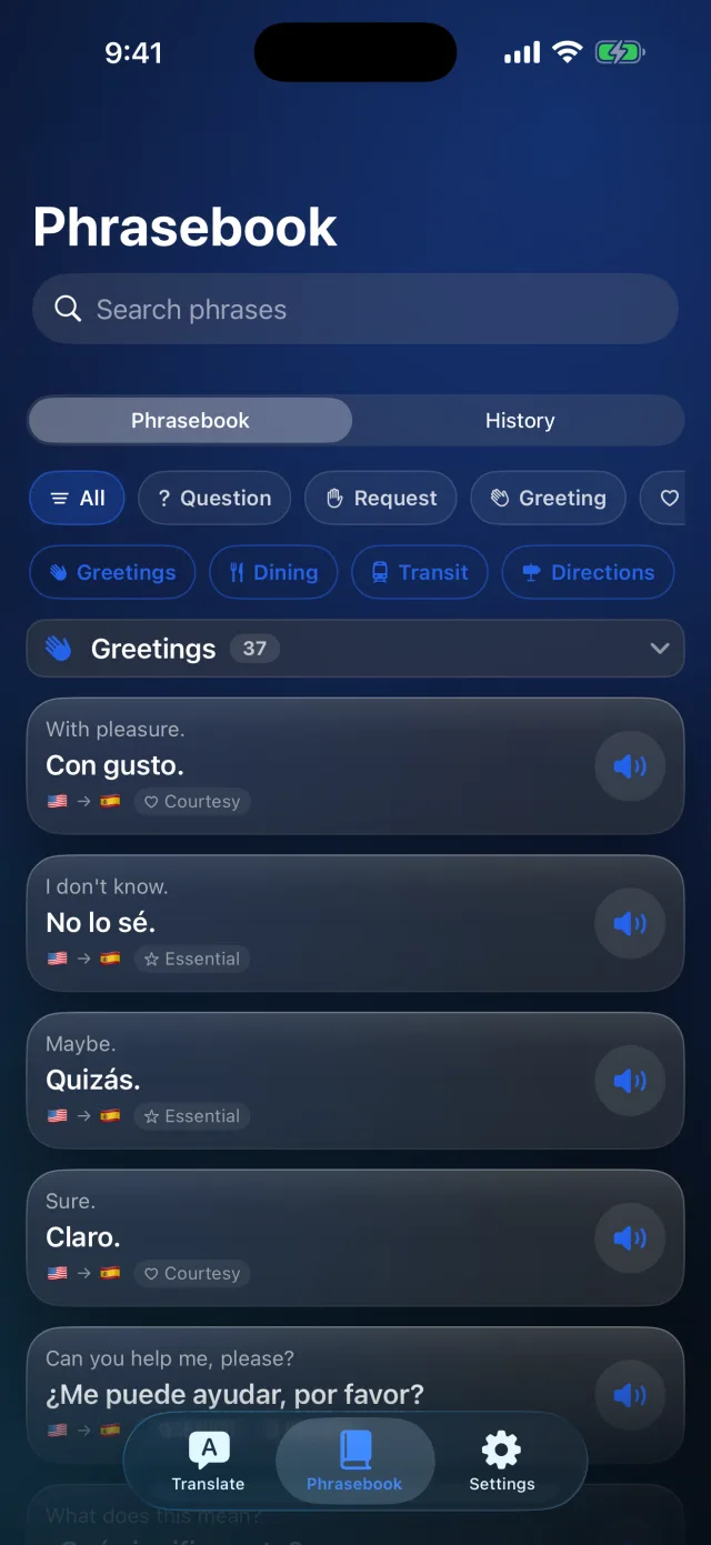 Lingvo: Offline Translator — Salva frasi di viaggio per categoria e conserva ogni traduzione.