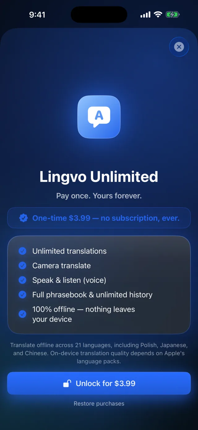 Lingvo: Offline Translator — Sblocca tutte le 21 lingue, voce e fotocamera per $5.99 — nessun abbonamento.