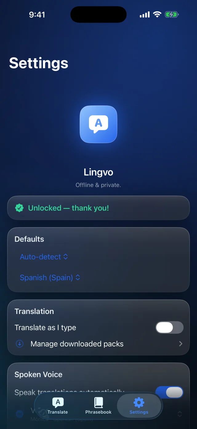 Lingvo: Offline Translator — Regola la Voce parlata — scegli una voce, imposta velocità e tono, riproduci automaticamente le traduzioni.