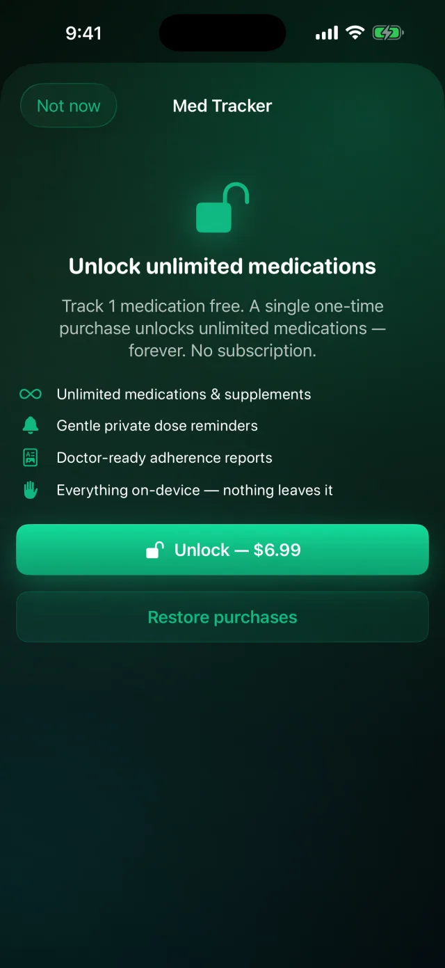 DoseLog: Medication Reminder — One fair price — a single $6.99 unlock for unlimited medications. No subscription, ever.