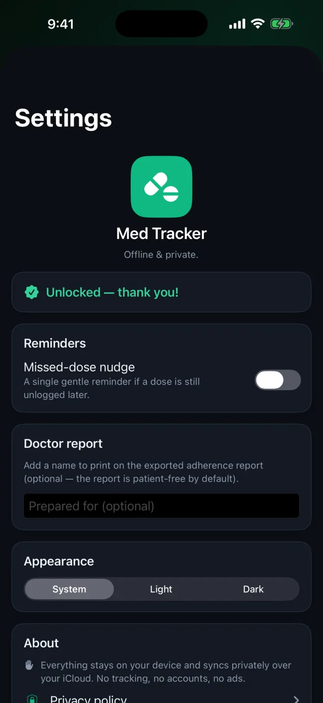 DoseLog: Medication Reminder — Privado por design — lembretes gentis de dose perdida, exportação de relatório para o médico, nada sai do seu dispositivo.