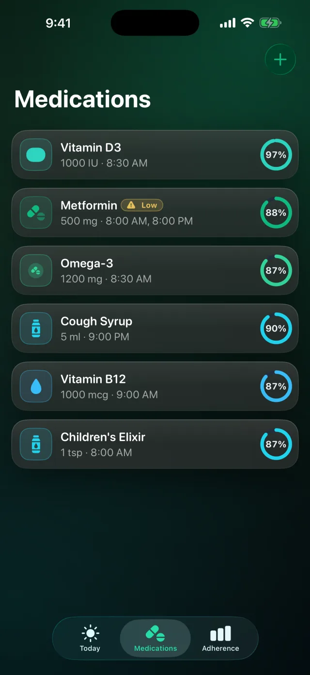 DoseLog: Medication Reminder — Nunca fique sem — o controle de estoque marca um medicamento como Baixo para você repor antes de acabar.
