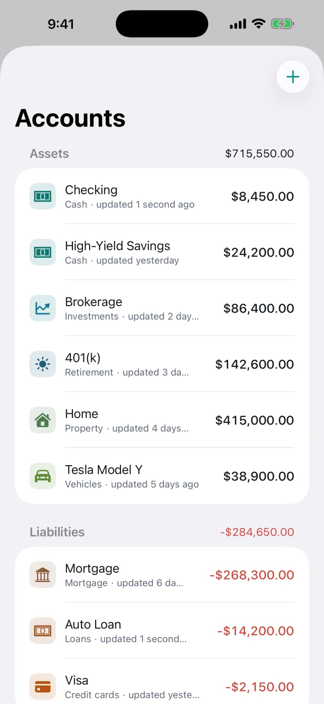 Networth: Assets & Net Worth — すべての口座と負債を、カテゴリ別にまとめたひとつのきれいなリストに。