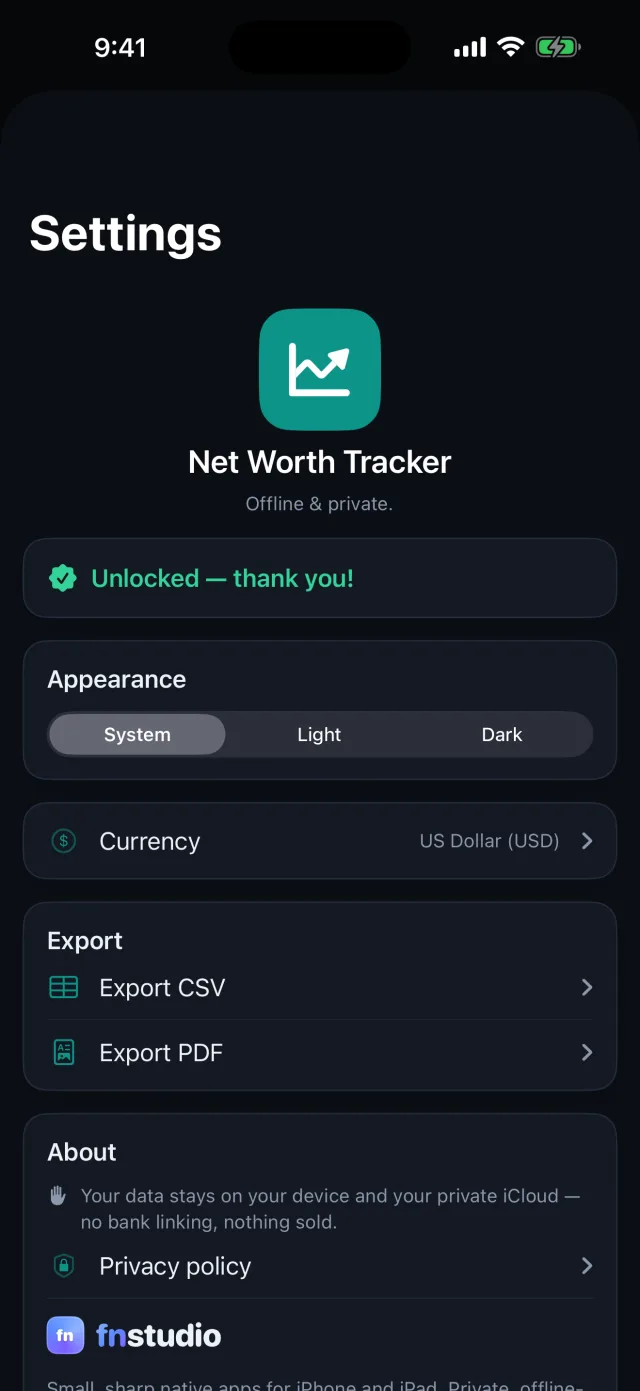 Networth: Assets & Net Worth — 設計からプライベート — 残高はあなた自身の iCloud に留まり、銀行連携なし。