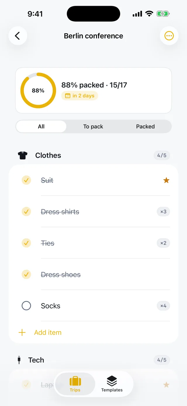 TripPack: Packing Checklist — Arrume com um anel de progresso