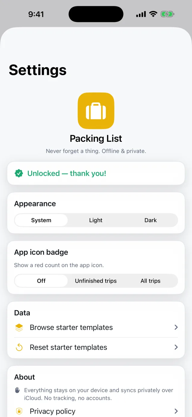 TripPack: Packing Checklist — Offline e privado
