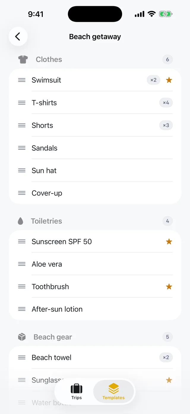 TripPack: Packing Checklist — Conteúdo do modelo