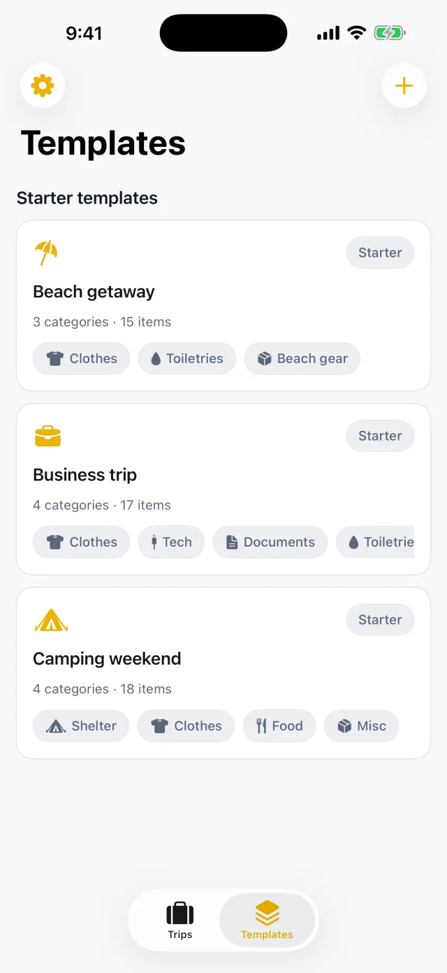 TripPack: Packing Checklist — Modelos reutilizáveis