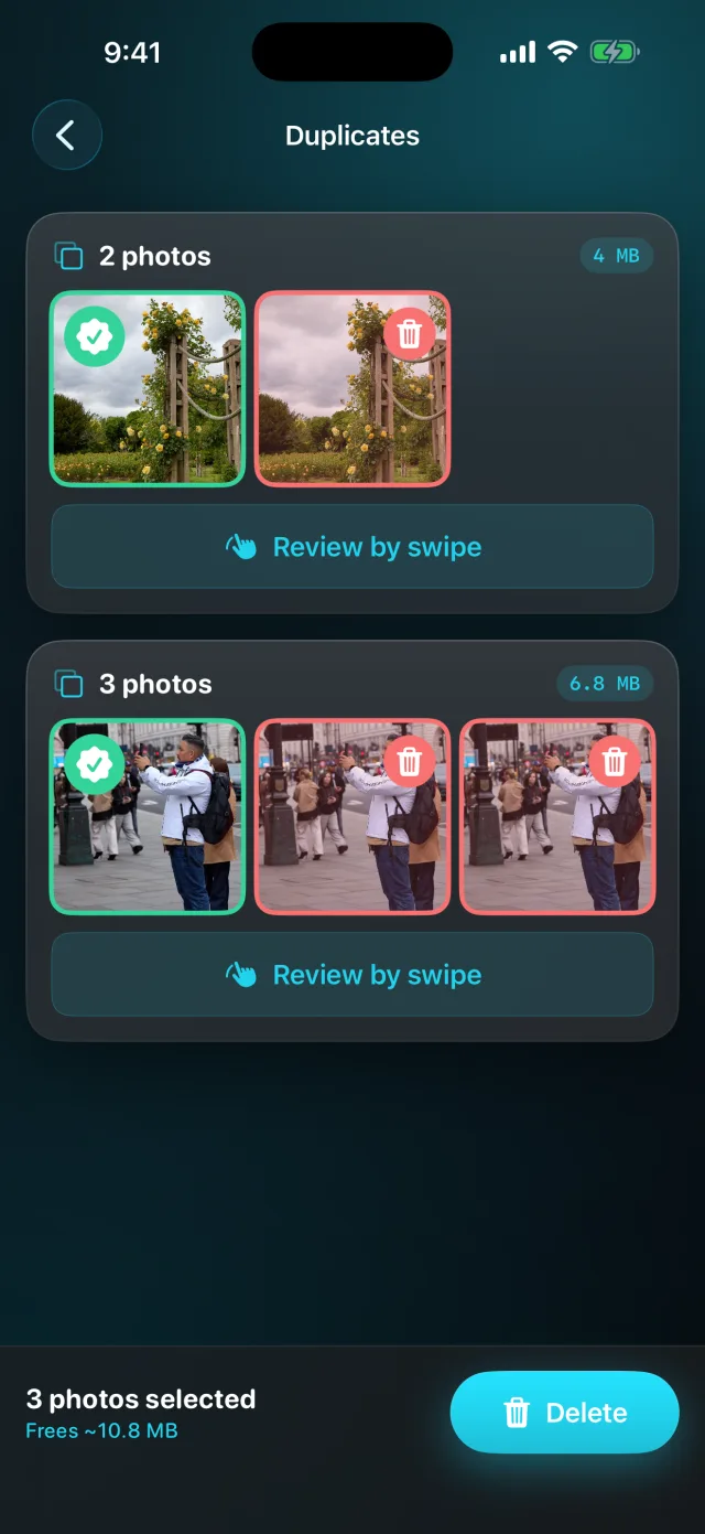 Pixweep: Photo Cleaner — Duplicati e raffiche raggruppati, con il migliore scelto per te