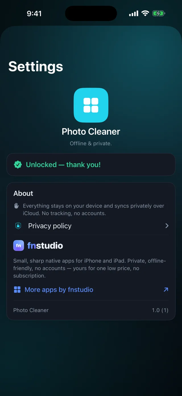 Pixweep: Photo Cleaner — Completamente sul dispositivo. Senza account, senza abbonamento.