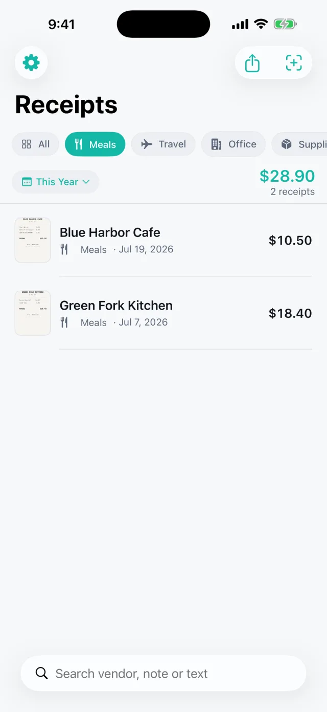Keepsy: レシート管理 — Category breakdown — Meals filter with a per-category running total ($28.90, 2 receipts)