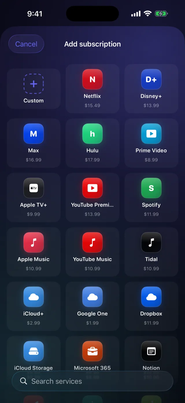SpendRadar: Sub Tracker — Adicione com um toque a partir de uma grade de serviços predefinidos — ou uma personalizada.