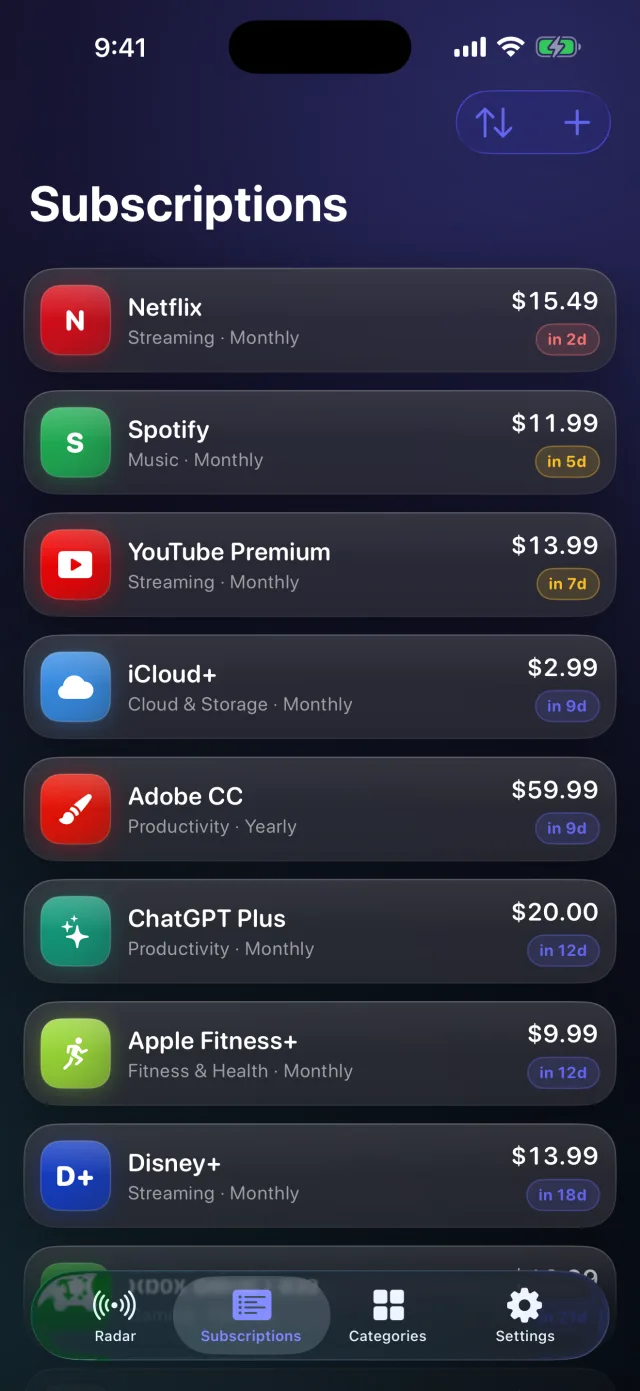 SpendRadar: Sub Tracker — Cada assinatura em uma lista, com a próxima renovação em contagem regressiva.