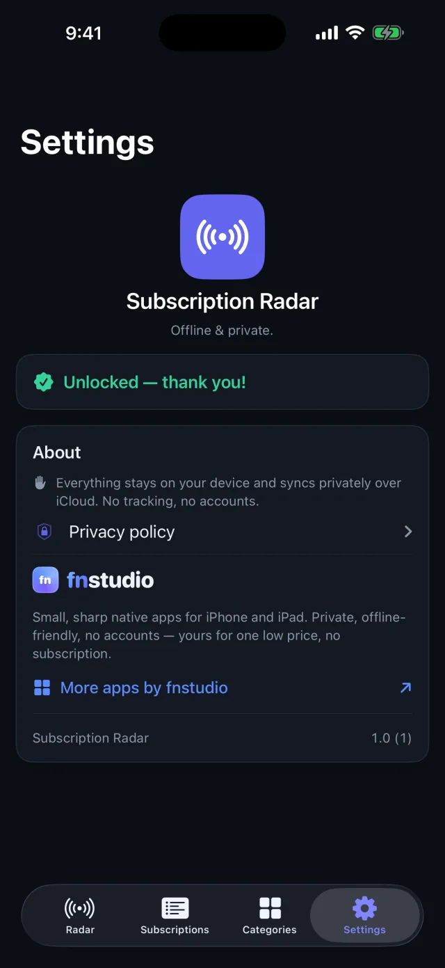 SpendRadar: Sub Tracker — Offline e privado. Liberação única, sem contas, sem assinatura.