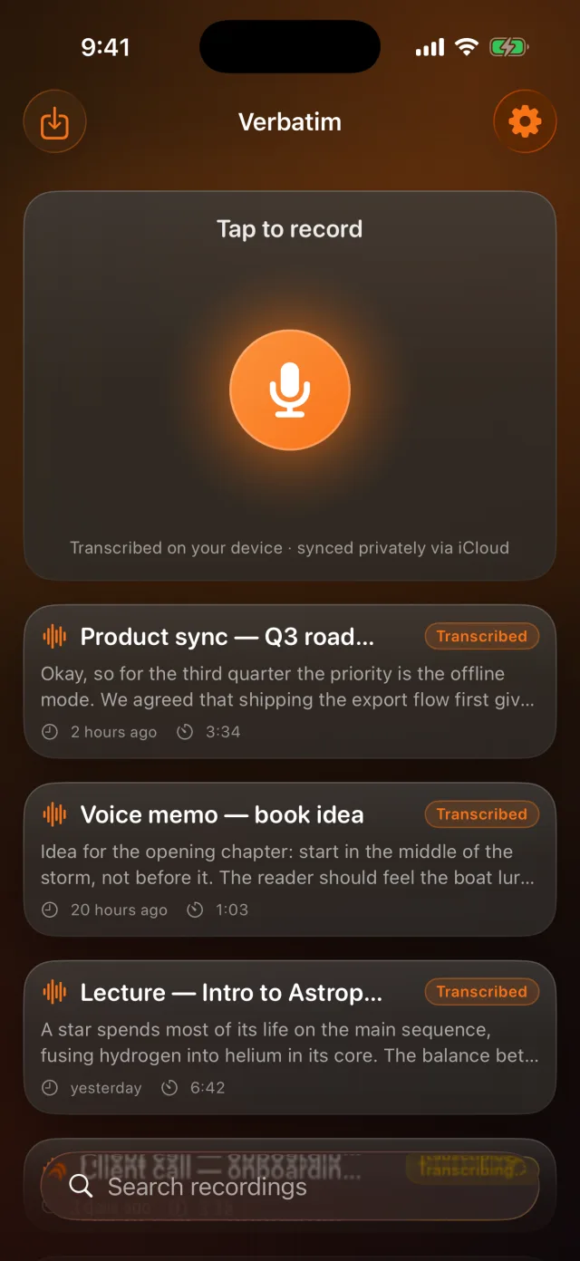 Verbatim: Voice to Text — Cada gravação, transcrita e pesquisável.