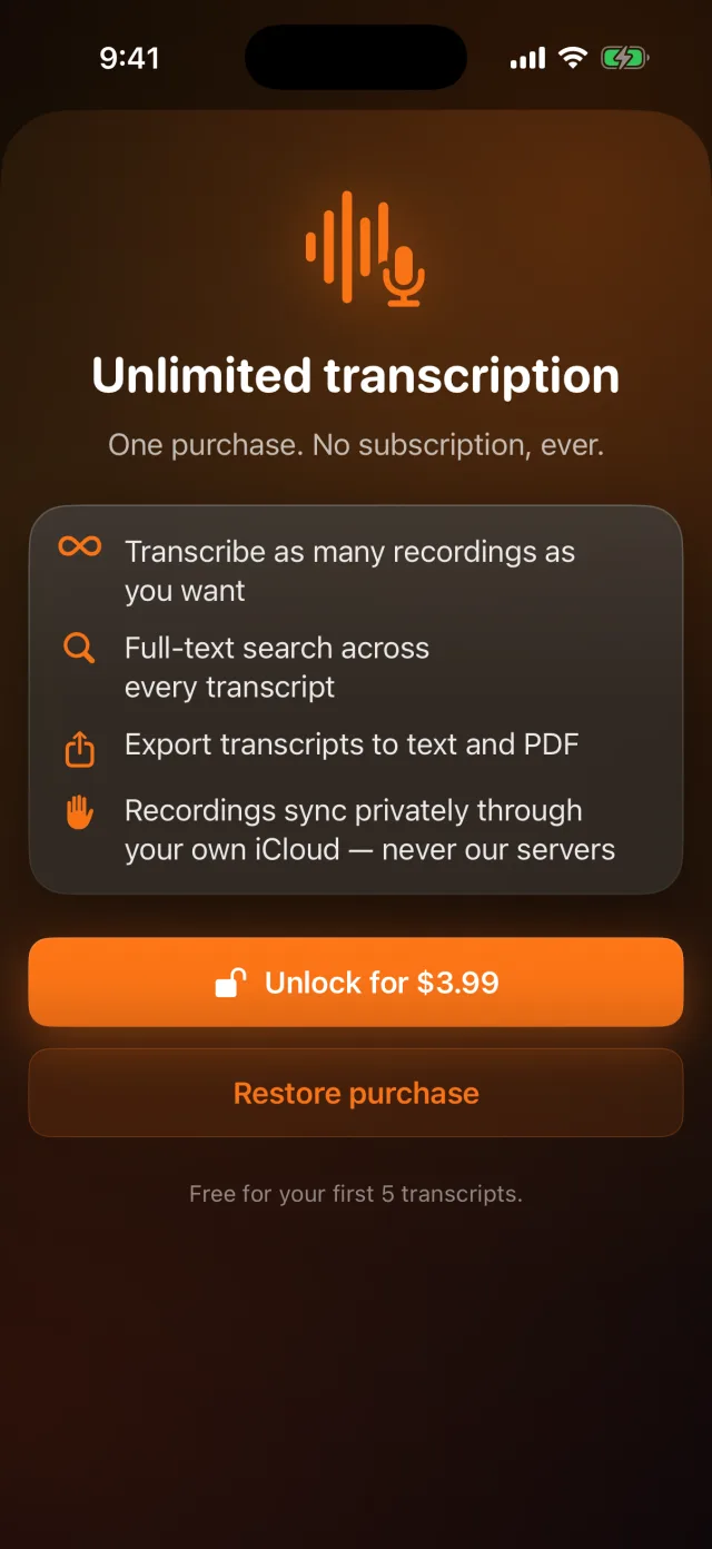 Verbatim: Voice to Text — Transcrição ilimitada por $5.99 — sem assinatura, nunca.