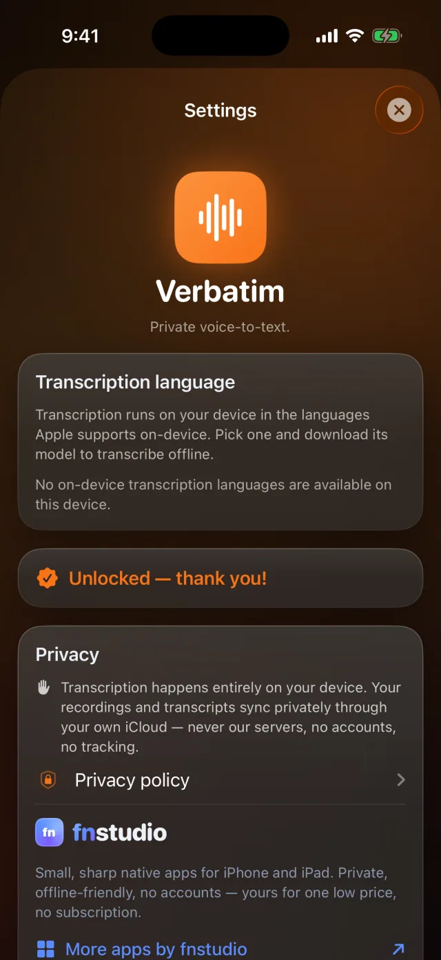 Verbatim: Voice to Text — Transcrição no dispositivo, sincronização privada pelo iCloud — nunca nossos servidores.