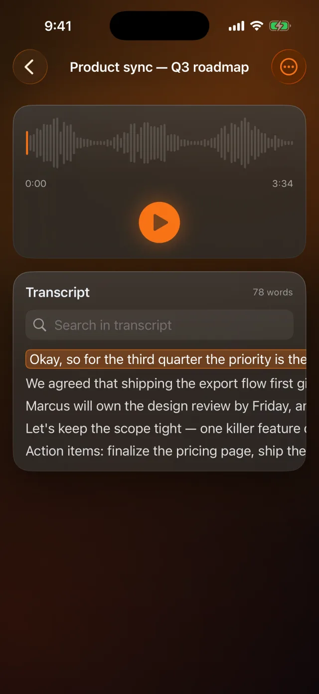 Verbatim: Voice to Text — Toque em qualquer palavra para pular para aquele momento no áudio.